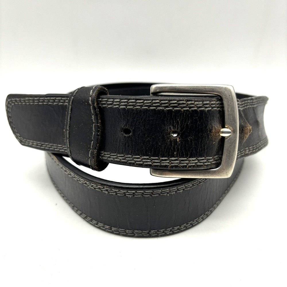 Vintage 90s Wrangler Black Genuine Leather Manmade Core Embroidered Belt 44